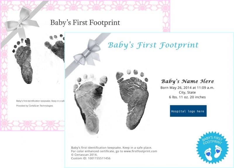 Baby's first footprint certificate from Accutech Certascan Footprinting System